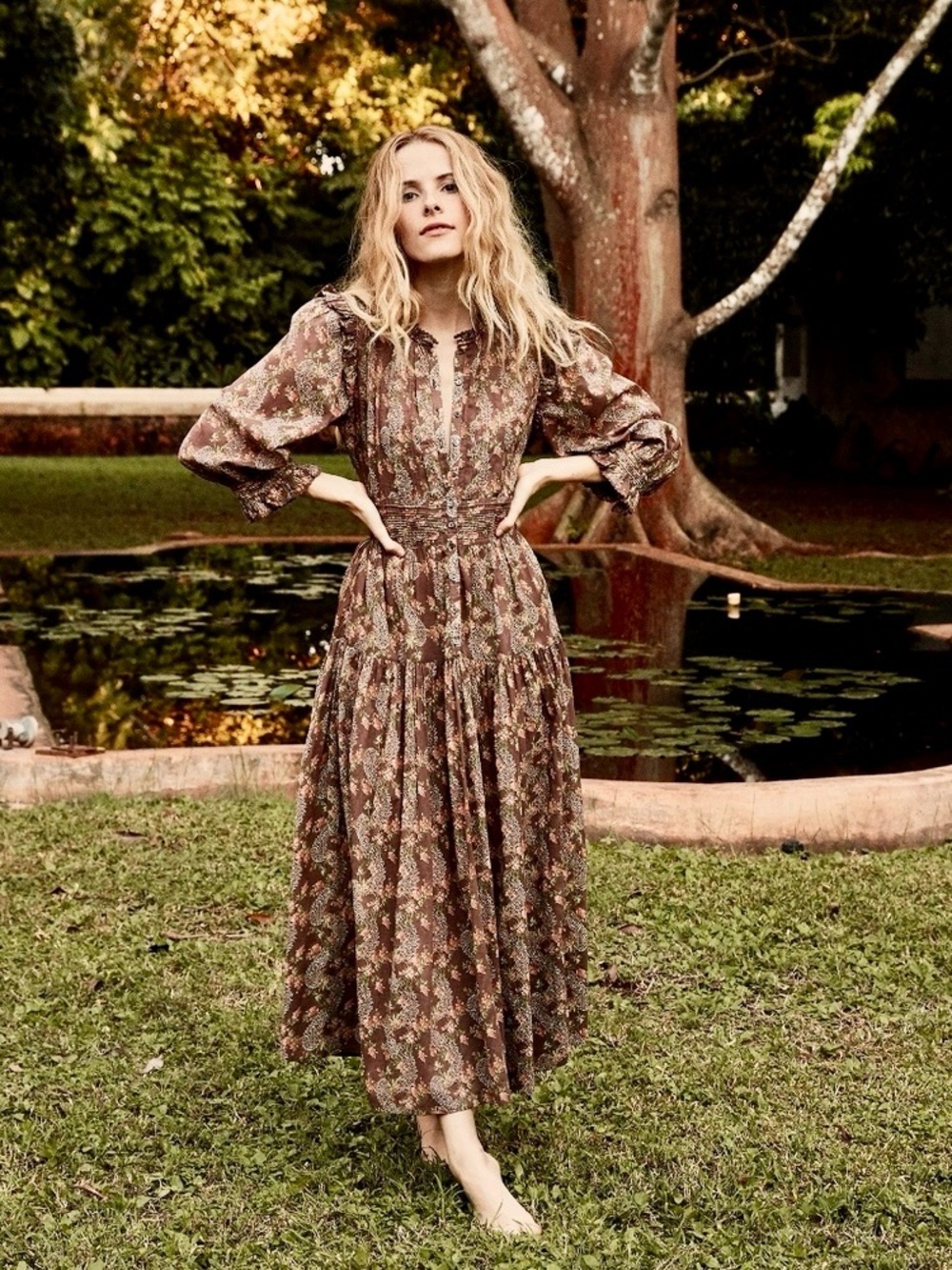 Doen Monet Dress in Country Rose Size XL Midi Brown Floral Cotton